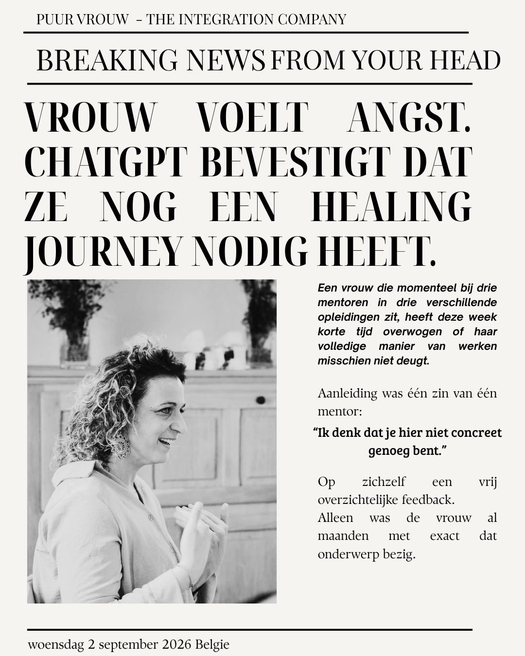 Krantenartikel: Vrouw voelt angst. ChatGPT bevestigt dat ze nog een healing journey nodig heeft.